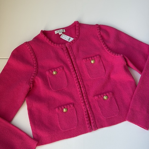 J.Crew Odette Sweater Lady Jacket Chanel Style Boucle Hot Pink Size Medium - Picture 2 of 6